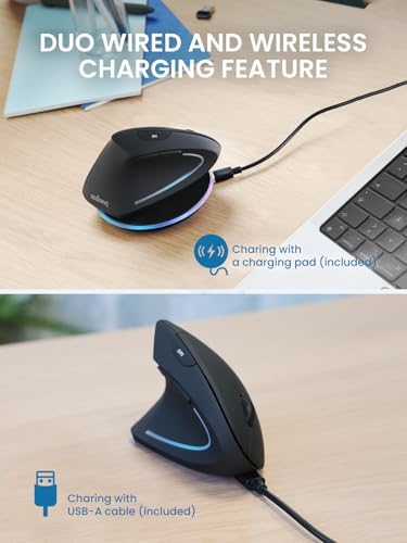Perixx PERIMICE-713LRX - Left Handed Cordless Rechargeable Vertical Mouse - Duo Wired and Wireless Charging Feature - Charger Included - Black
