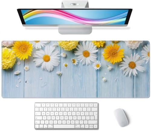 Desk Mat Flowers and Wood Large Keyboard Mouse Pad for Laptop PC Setup Desk Cover Protector Desk DéCor for Office Home Work Gaming 31.5" X 11.8" Stitched Edge Non-Slip Design