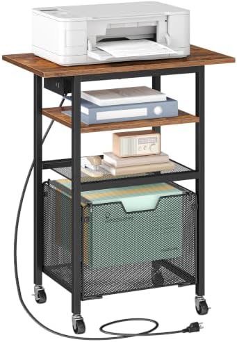 HOOBRO Printer Stand with Hanging File Drawer, Rolling Printer Cart on Wheels, Mobile Filing Cabinet Storage Shelf, Home Office Desk Side Organizer, Rustic Brown and Black BF17UPS01