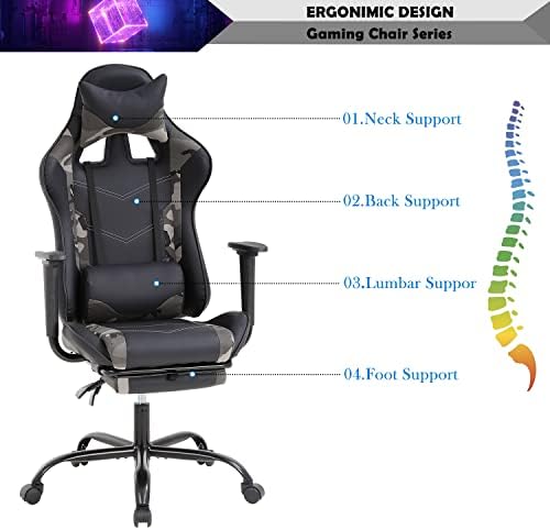 Camo Massage Gaming Chair with Footrest, PU Leather Gaming Chairs for Adults, High Back Office Chair Ergonomic Desk Chair Computer Chair, Reclining Gamer Chair, Height & Backrest Adjustable, 300 Lbs
