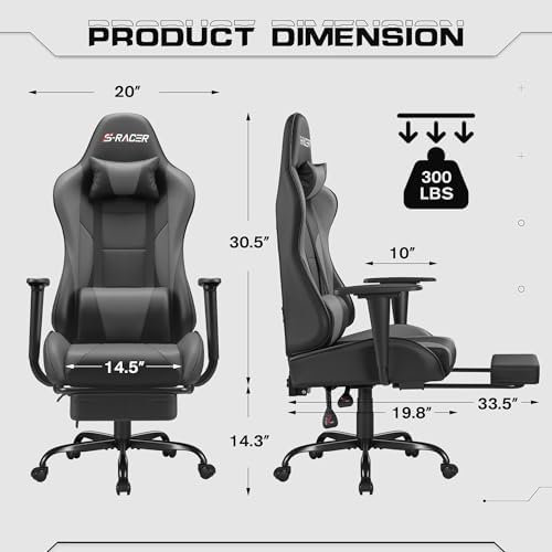 Homall Gaming Chairs, Computer Chair with Footrest and Massage Lumbar Support, Height Adjustable Game Chair with Headrest and Swivel Seat (Light Grey)