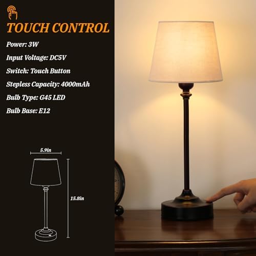 Cordless Table Lamp Rechargeable Bronze - 2 Pack Brass 4000mAH Battery Operated Lamp for Decor, 3000K Stepless Dimming Touch Control Wireless Lamp for Bedroom, Dining Table, Counter, Living Room