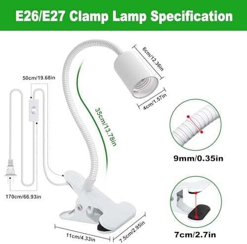 Clip on Desk Lamp, White Clip Lamp Holder with 220 CM Switch and Plug Cable, Clamp Light Socket with Metal Clamp, 9-350 MM Thickened Lengthened Gooseneck Light, E27 Lamp Holder, for Home Office