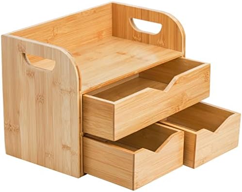 Hacaroa 3 Tier Bamboo Desktop Organizer with 3 Drawers, Tabletop Craft Box Cosmetic Storage Drawer with Handle, Portable Desk Letter Mail Sorter for Office Supply, Toiletries