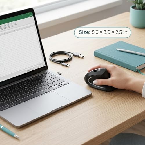 Ergonomic Vertical Wireless Mouse, 2.4G Optical Mouse with USB Receiver, 800-1600 DPI, Silent Click, Battery Powered, 5 Buttons, Stylish Comfortable Mouse for Laptop, PC, Mac, Computer (Black)