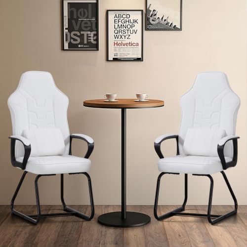 Leather Office Guest Chair No Wheels High Back Computer Reception Chairs with Padded Arms Waist Pillow for Gaming Meeting Conference Waiting Room, White