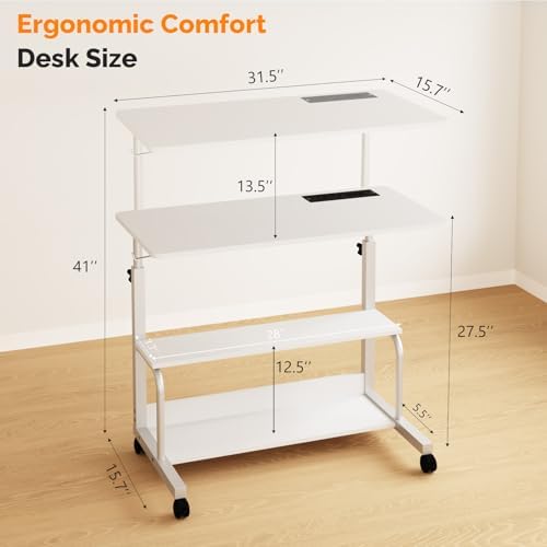 FCH 31.5" Mobile Small Standing Desk, Adjustable Height Mobile Computer Desk, w/2 AC Outlets + 3 USB Ports & Hooks, Storage Shelves, Suitable for Gaming, Studying, Home Office, White