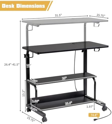 Karl home 31.5" Portable Rolling C-Shaped Computer Desk on Wheels, Black