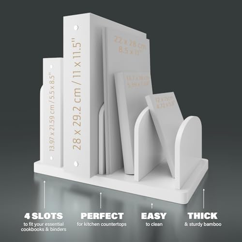 Cook Book Organizer, 4 Sections, Recipe Book Holder Rack, Tabletop Stand for Convenient Cookbook Storage, Vertical Cook Book Stand Kitchen, Binder Holder for Desk & Countertop (White)