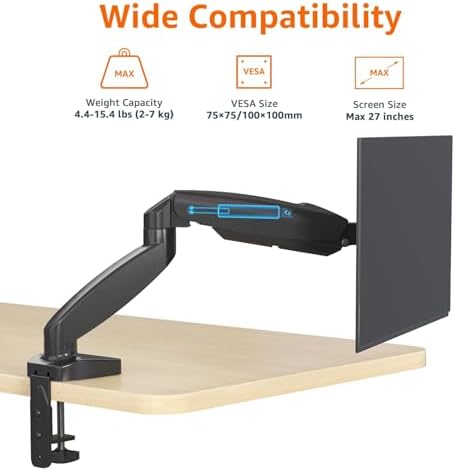 Amazon Basics Gas Spring Single Monitor Arm Desk Mount, Adjustable Tension, Fits 15–27 Inch Monitors, Supports 4.4–15.4 lbs, VESA 75x75/100x100, Black