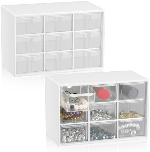 Wenqik 2 Pcs Mini Storage Drawers with 9 Clear Drawers, White