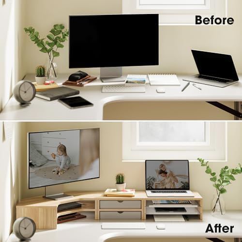 Fenge Dual Monitor Stand, Corner Desk Shelf with Drawer & Slide-Out Tray