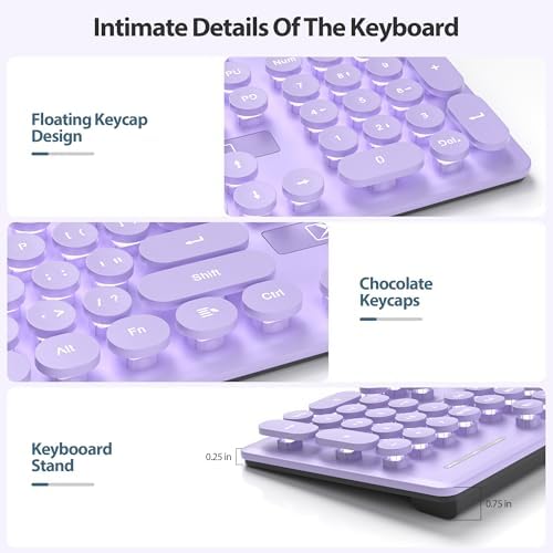surmen Purple Quiet Keyboard Wired Retro Typewriter, Full Size Soft Keyboards with Number Pad, Round Keys, Backlit USB for Office, Desktop, Laptop(Purple)