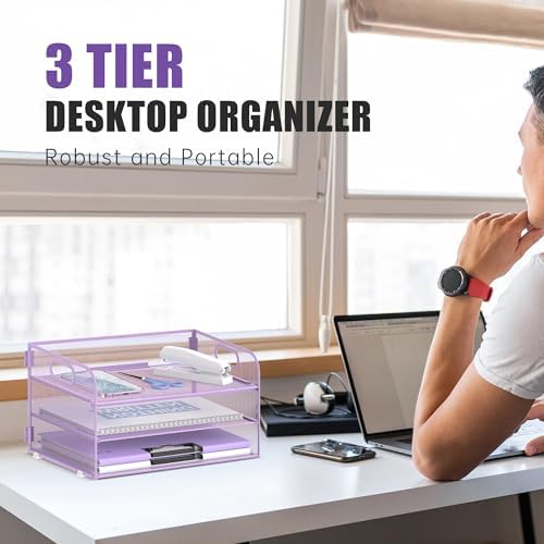 DALTACK 3 Tier Paper Organizer for Desk, Sliding Paper Trays, Purple