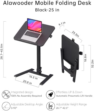 alawooder 25" Mobile Folding Desk: Pneumatic Sit-Stand, No Assembly