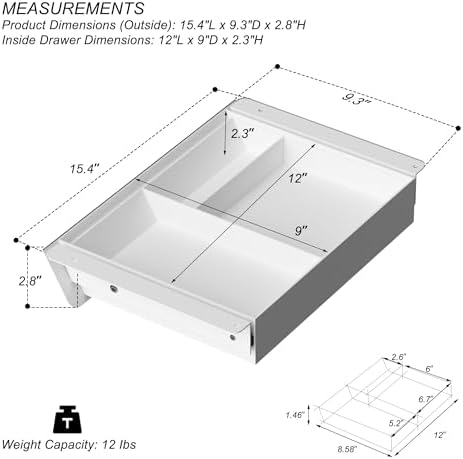 White Under Desk Drawer with Removable Tray, 15.4" Wide 2-in-1 Organizer – 60° Ergonomic Tilt, 4-Compartment Insert for Pens, Phones & Cables, Ball Bearing Slides, for Home Office & Student Desk