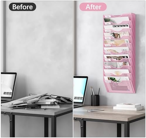 EasyPAG 10 Pocket Mesh Wall File Organizer, Hanging Paper Folder Holder with Classify Label, Vertical Wall Mount Mail Organizer for Office Home Classroom, Pink