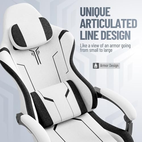 Ferghana Breathable Fabric Ergonomic Gaming Chair, Ergonomic High Back Gamer Chair with Footrest and Linkage Armrest, Office Computer Video Game Chair for Adult, White/Black