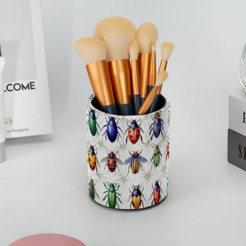 Leather Pen Holder for Desk, Beetle Pencil Cup Pen Organizer Makeup Brush Holder for Office Home Kids Countertop Desk Accessory Storage