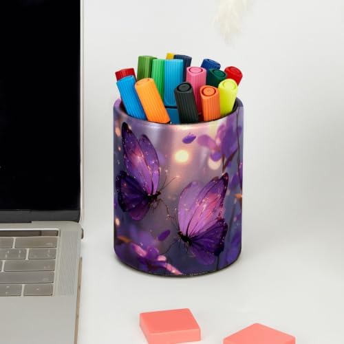 Leather Pen Holder for Desk, Purple Butterfly Pencil Cup Pen Organizer Makeup Brush Holder for Office Home Kids Countertop Desk Accessory Storage