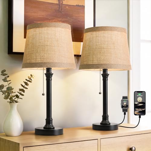 Oneach 19.5" Small Table Lamps Set of 2 for Living Room Bedroom, USB A+C