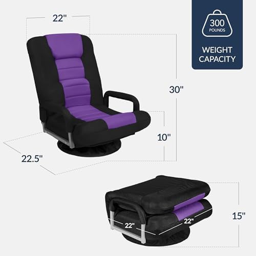 Best Choice Products Swivel Gaming Chair 360 Degree Multipurpose Floor Chair Rocker for TV, Reading, Playing Video Games w/Lumbar Support, Armrest Handles, Adjustable Foldable Backrest - Black/Purple