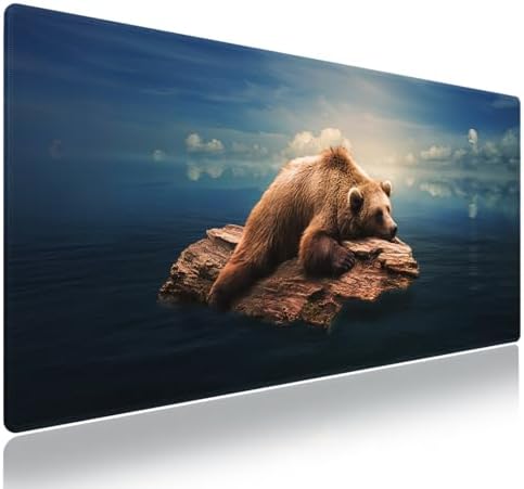 Grizzly Bear on a Rock Large Mouse Pad, Wild Animal Blue Ocean Desk Mat