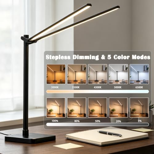 BOHON Desk Lamp for Home Office Dual Head 24W Swing Arm Task Lamp Black