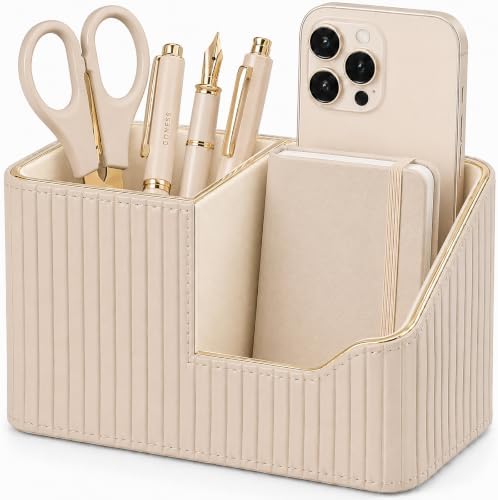 KINGFOM Luxury PU Leather Desk Organizer for Office Accessories, Aesthetic Pen Holder for Desk, Modern Desktop Storage Organizer for Women Home Office Supplies, Beige with Gold Trim