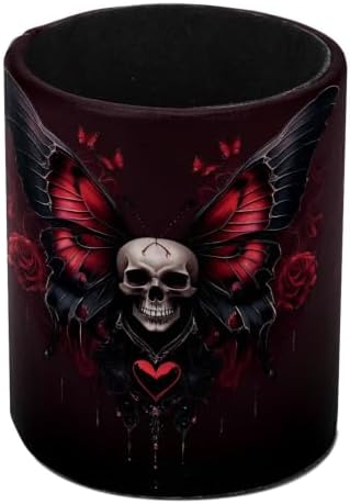 Leather Pen Holder for Desk, Skull Butterfly Pencil Cup Pen Organizer Makeup Brush Holder for Office Home Kids Countertop Desk Accessory Storage