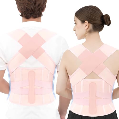 Posture Corrector for Women and Men, Back Brace with Lumbar Support Panel and Adjustable Shoulder Support, Full Back Support Posture Trainer, Back Straightener for Upper Back, Lower Back Support, Rounded Shoulders, Slouching, Hunchback Corrector (Pink,...