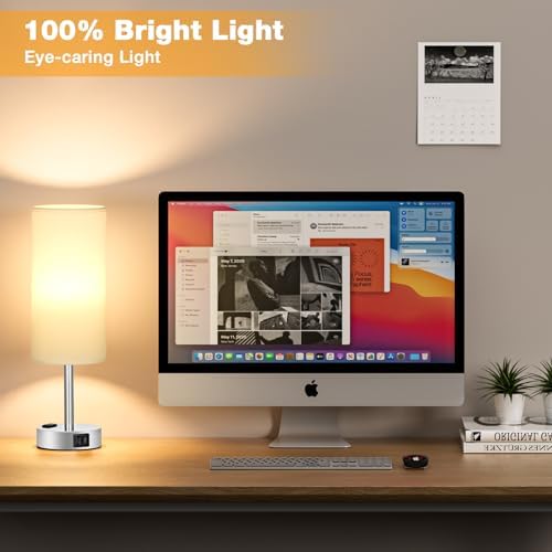 Touch Bedside Table Lamps Set of 2 - Bedroom Lamp with USB A+C, AC Outlet