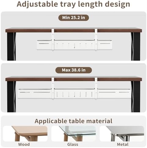 Under Desk Cable Management Tray, Expandable 25.2"–38.6" Cable Tray, White