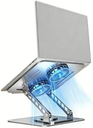 Laptop Stand with Cooling Fan, 360 Rotating Base Aluminum Laptop Riser, Foldable Ergonomic Computer Stand for Desk, Height Adjustable Notebook for All Laptops up to 17.3" (Silver)