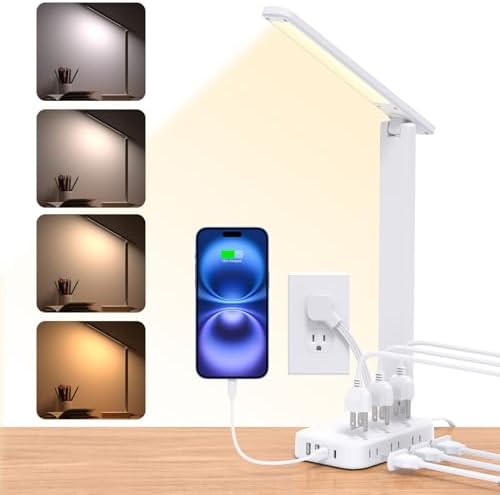 Desk Lamp,Power Strip with 6 AC Outlets & 4 USB Ports, Dorm Room Essentials