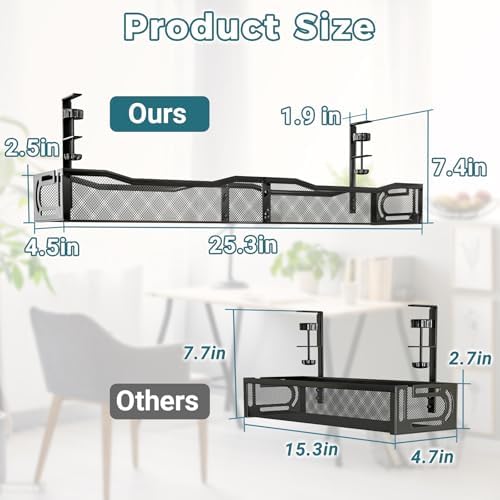 Cable Management Under Desk, 25.3'' No Drill Desk Cable Management Tray with Clamp, Metal Cord Organizer for Standing Desk, Computer Wire Management for Home Office & Gaming Setup, Black