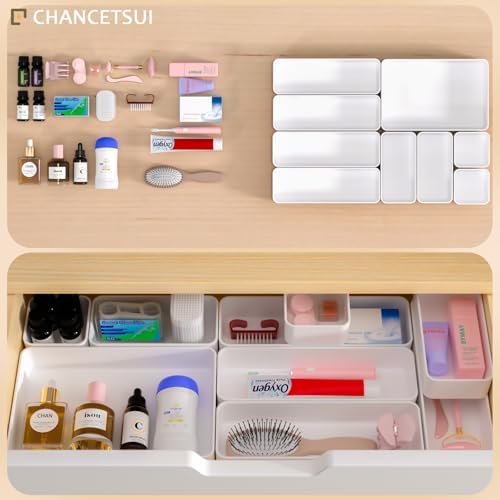White Desk Drawer Organizer Trays: 9PC Shallow Vanity Bathroom Organizers