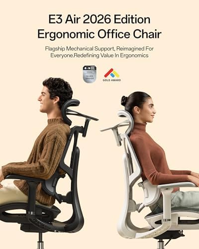 Hbada E3 Air Ergonomic Office Chair, 3-Zone Lumbar Support, Comfy Home Office Chair with Auto Recline, 4D Headrest & Armrests, 140° Tilt for Work & Relax, Mist Gray