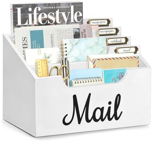 Rustic Wood Mail Organizer Countertop with 4 Slots, Black Mail Holder for Desk, Removable Dividers Mail Sorter, Letter Bill File Organizer for Home Office Classroom, Desktop Organizer with Free Labels