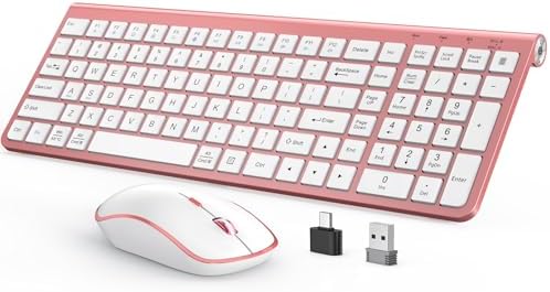 JOYACCESS Pink Wireless Keyboard and Mouse, Typewriter Keyboard Wireless, Ergonomic and Quiet Computer Mouse for for Desktop/PC/Laptop/Surface/Smart TV and Windows 10/8/ 7