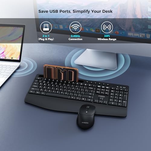 KYSONA Wireless Keyboard and Mouse Combo, Full Sized Cordless Keyboard with Wrist Rest, Phone Holder, 2.4G 3 DPI Adjustable Optical Mice Keyboard for Computer/Laptop/PC/MAC/Windows, Black