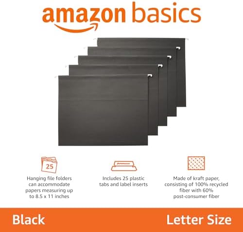 Amazon Basics Hanging File Folders with Adjustable Tabs for Document Organization, Letter Size, 8.5x11 inches, Black, 25-Pack