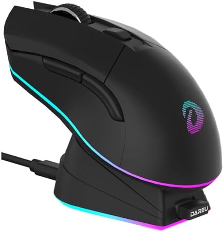 DAREU Wireless Gaming Mouse with Charging Dock Rechargeable RGB,12K DPI,6 Programmable Buttons High-Precision Sensor [300IPS] [1000Hz] for PC Notebook Mac