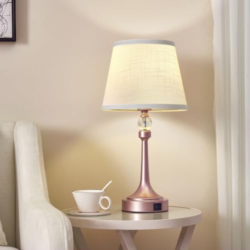Touch Table Lamp Set of 2 with USB C+A Ports-19.7'' Rose Gold