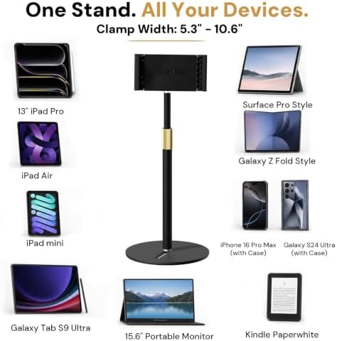 Tablet Stand for Desk, Height Adjustable 9.8-20" iPad Stand Holder with Dual Device Support, Heavy Duty Metal Base 360° Rotation Portable Monitor Stand for iPad Pro Samsung Tab Kindle Phone