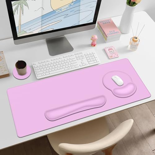 4 PCS Mouse Pad Desk Mat Protector, Keyboard Wrist Rest + Comfortable Mouse Pad with Wrist Rest +Coaster, Large Gaming Mousepad for Computer Laptop, 35.4" X 15.7" XXL Deskpad for Office Home I Lilac