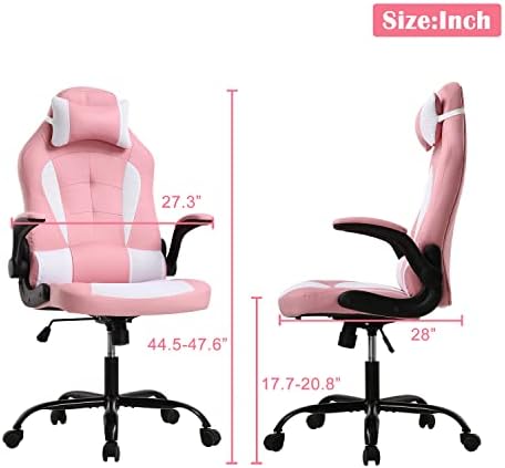 Pink Gaming Chair, PU Leather Gaming Chairs for Adults, Comfy Office Chair Ergonomic Desk Chair Computer Chair with Flip Up Arms, Swivel Reclining Gamer Chair, Height & Backrest Adjustable, 300 Lbs