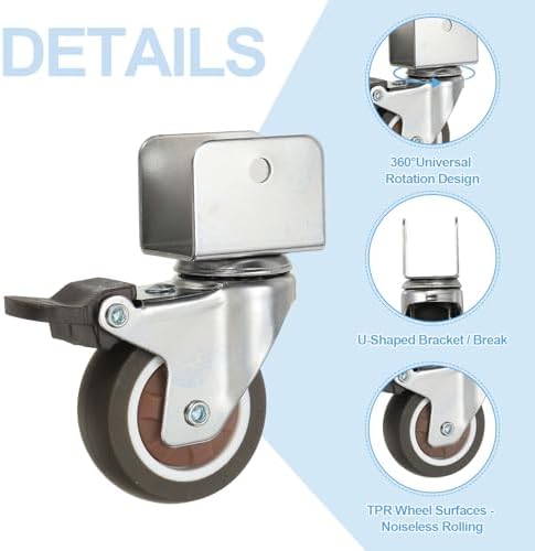 PATIKIL 2 Inch Caster Wheels, 4 Pcs Swivel Casters with Break 1" U Bracket Opening 55 Lb Capacity Per Caster for Furniture Office Chairs Carts and Cabinets, Brown