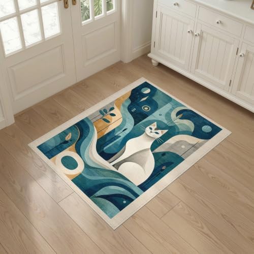 3'x5' Teal Blue Cat Boho Abstract Design Washable Area Rug