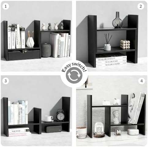 MASAKA B&W - Desk Organizer Aesthetic Shelf, Desktop Bookshelf, Double H Plants Display Shelf, Storage Rack Adjustable Stackable for Office Home Dorm - Perfect for Books, Plants & Decor (Black)